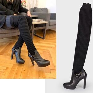 Gucci black wool knit over the knee sock harness boots leather platform 39.5